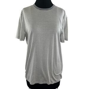 Saks Fifth Avenue Gray White Striped Cotton-Blend Short Sleeve T-Shirt Size L